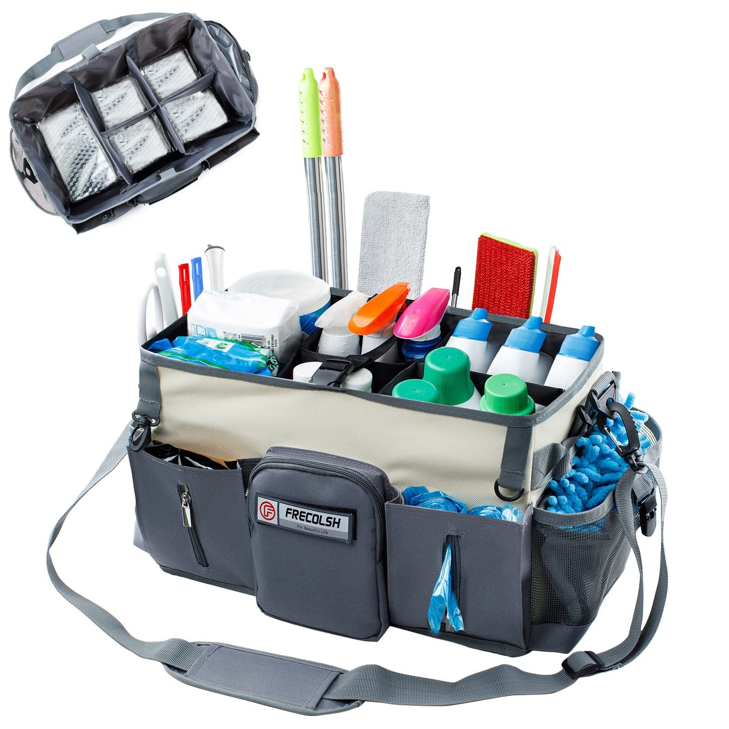 FRECOLSH Large Cleaning Supplies Organizer-Cleaning Caddy Organizer With Handles & Shoulder Strap-Cleaning Bags for Cleaning Suppliers-Housekeepers Wearable Cleaning Tote Upgraded