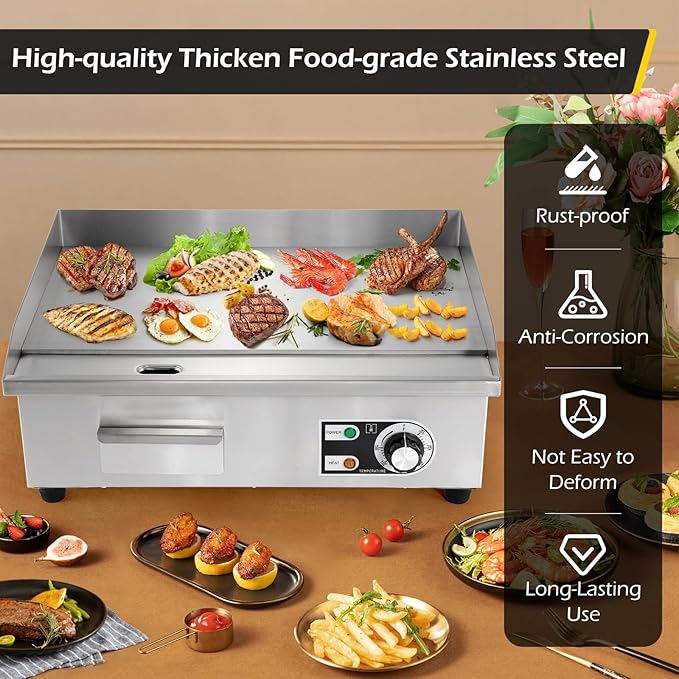 Dyna-Living Commercial Electric Griddle 22'' Flat Top Grill Countertop 3000W Stainless Steel Electric Griddle Nonstick Commercial Flat Top Griddle Countertop Grills, 122°F-572°F Temp Adjustable