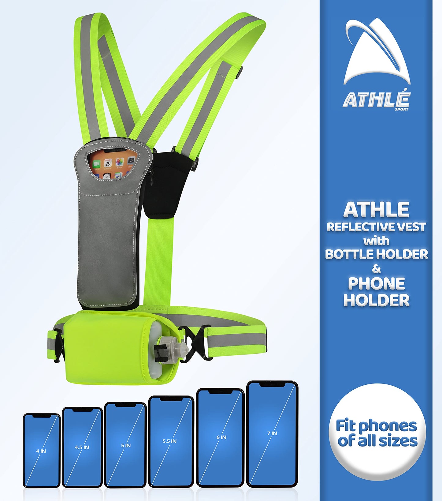 Athlé Reflective Vest with Water Bottle Holder and Phone Holder - Running Hydration Vest - High Visibility Vest - BPA-Free Water Bottle Included