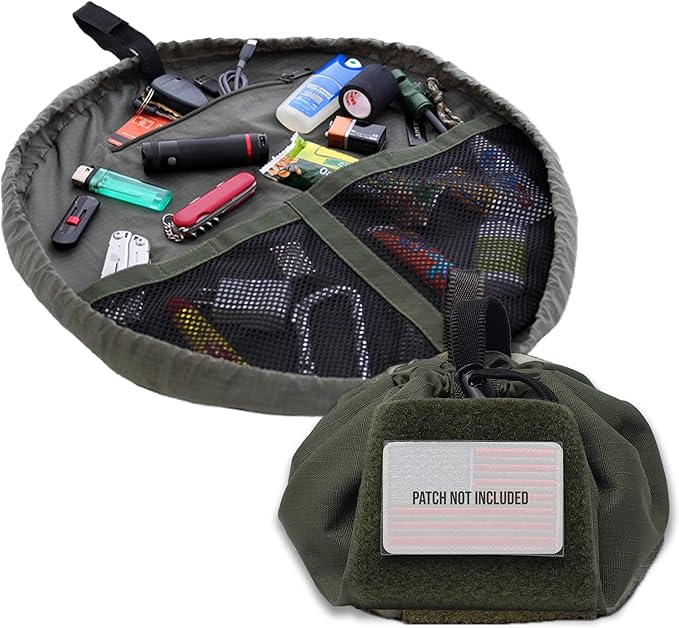 Lay-n-Go Defender Tactical Bag for Gear - Multifunctional Lay-Flat Military Tactical Travel Sack w/Zippered & Mesh Pockets - Water-Resistant, Machine-Washable Utility Tool Bag (20", Green)
