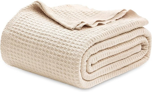 Bedsure 100% Cotton Blanket Queen Size for Bed - Breathable and Soft, Waffle Weave Blanket for Summer Spring, Beige, 90x90 Inches