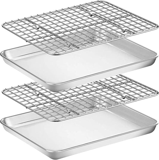Baking Sheet with Rack Set [2 Pans + 2 Racks], Wildone Stainless Steel Cookie Sheet Baking Pan Tray with Cooling Rack, Size 10 x 8 x 1 Inch, Non Toxic & Heavy Duty & Easy Clean