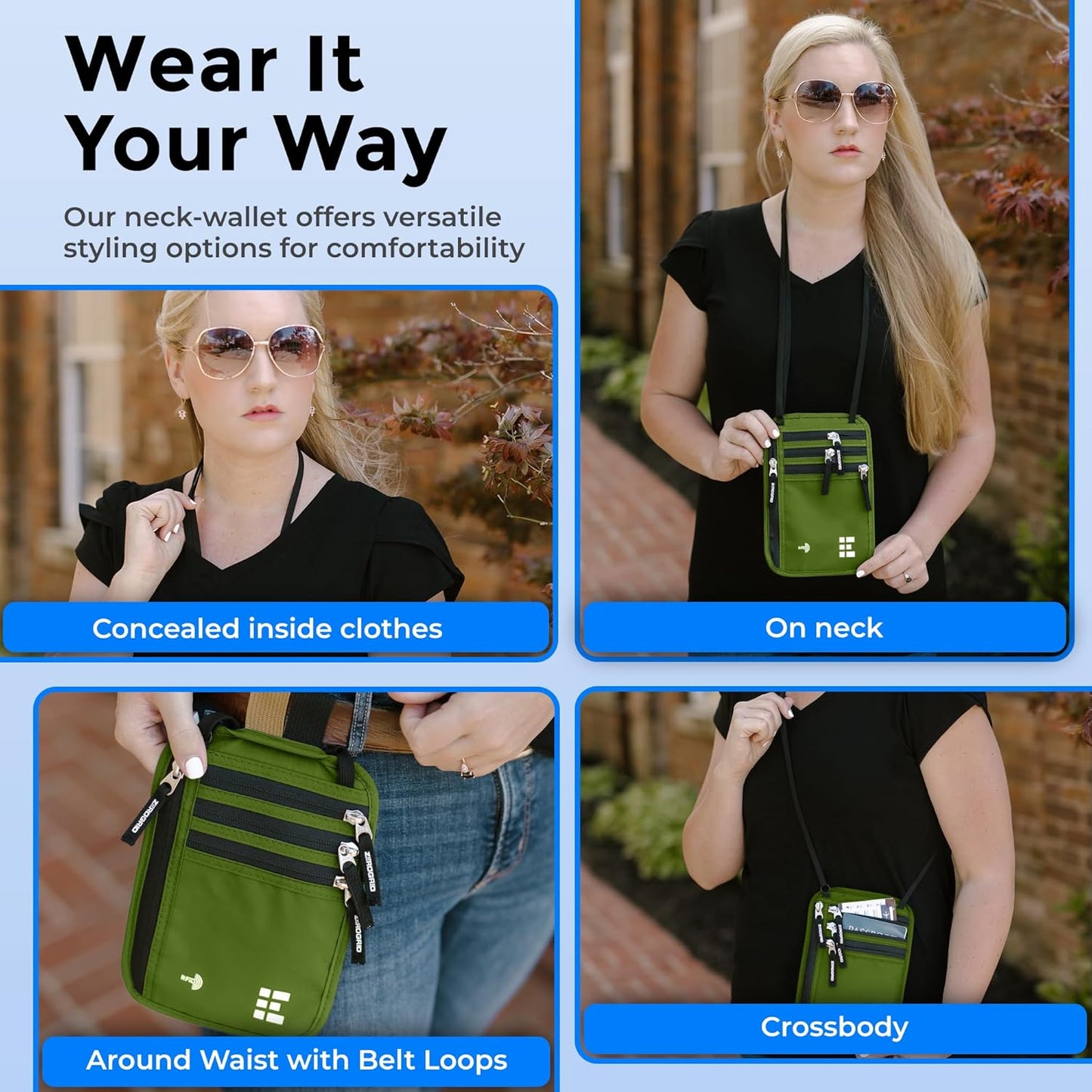 Neck Wallet for Travel & Passport Holder with RFID Blocking - Slim & Easy to Conceal Nylon Travel Pouch for men & women - Holds Phone, Cash, Cards, Keys - Sweat & Water Resistant - Large - Forest