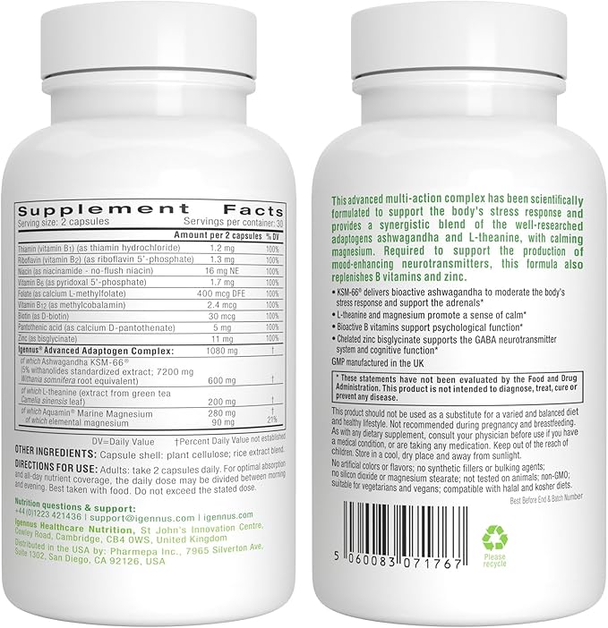 Daily Vitamin D3 + Ashwagandha+ L-Theanine & Magnesium Vegetarian Bundle, 365 2000iu Vitamin D3 Tablets + 600mg KSM-66 Ashwagandha with Zinc & B Vitamins, by Igennus