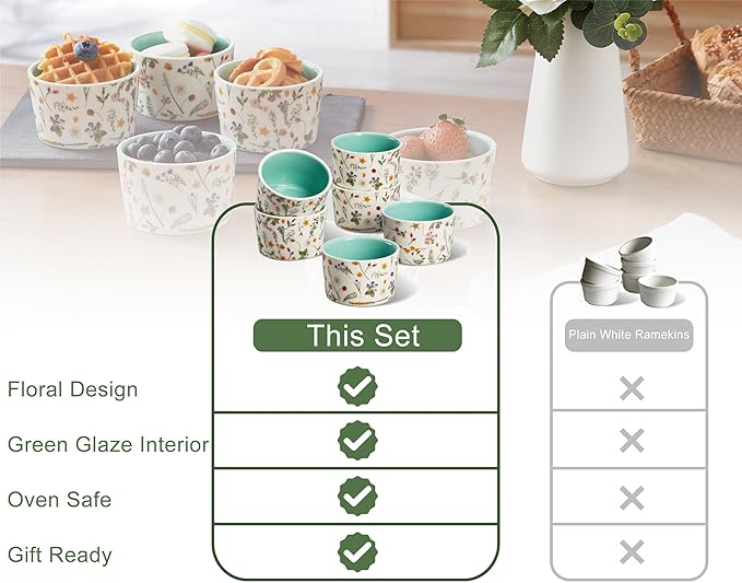ONEMORE 6 oz Ramekins Oven Safe, Floral Ceramic Ramekin Set of 6 Mint Green Ramekins for Baking & Serving, Creme Brulee Dishes, Custard Pudding Souffle Cups, Small Dessert Bowls for Oven, Air Fryer