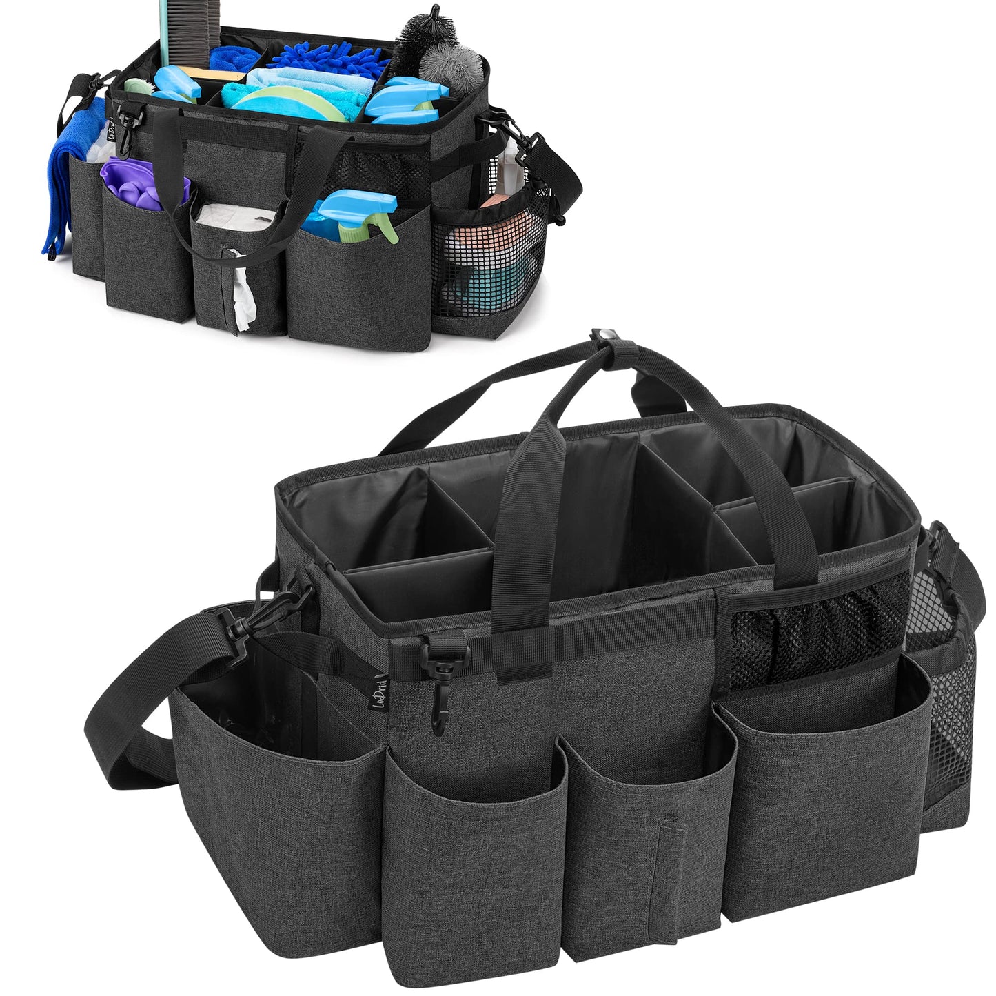 LoDrid Wearable Cleaning Caddy Bag with 4 Foldable Dividers, Cleaning Supply Organizer with Shoulder Strap and Side Handles for Cleaners & Housekeepers, Black