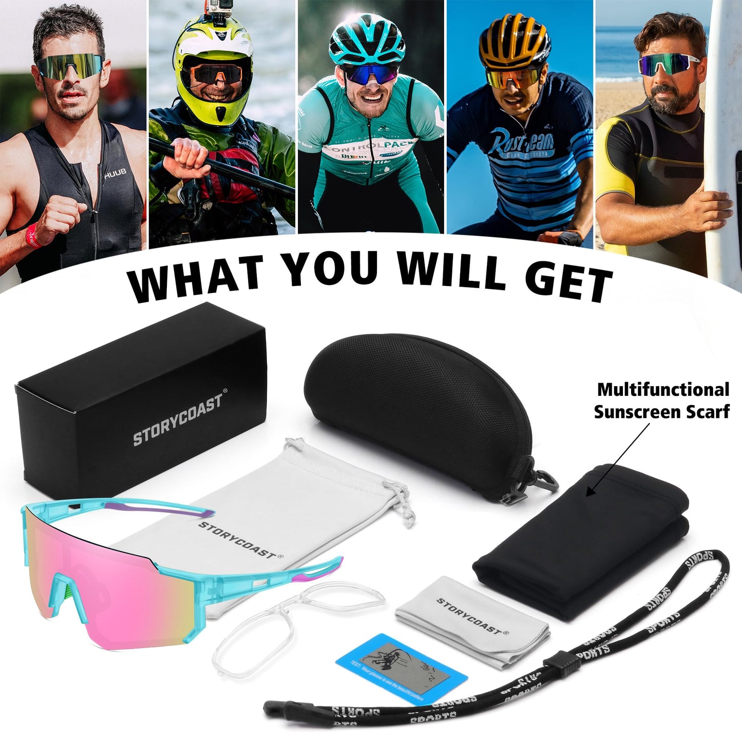 STORYCOAST Polarized Sports Sunglasses for Men Women,Driving Fishing Cycling Mountain Bike Sunglasses UV400 Protection Clear Blue Frame-Pink Mirror Lens