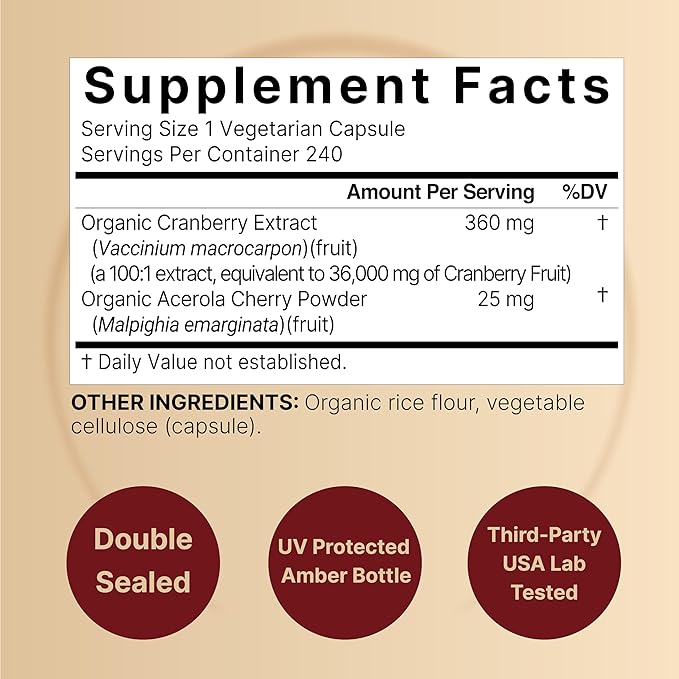 Naturebell Cranberry Pills 36,000mg with Acerola, 240 Veggie Capsules | 100:1 Fresh Cranberries Extract – Organic Ingredients – Supports Urinary Tract Health – Sugar-Free