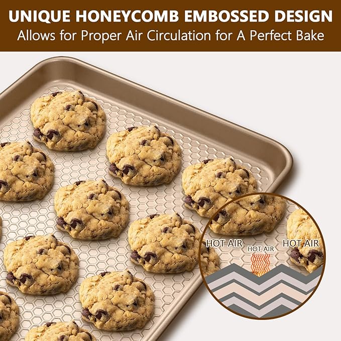Wildone Baking Sheet Pan Set, Honeycomb Embossed Nonstick Baking Sheet 15x10 In, Thicker Carbon Steel Cookie Sheet, Even Heating Jelly Roll Pan, Champagne Gold, 2 Pack