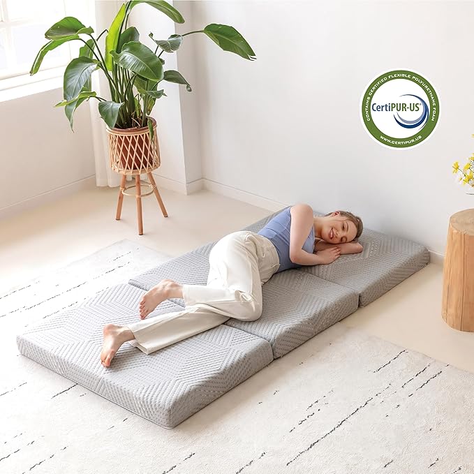 MLILY Tri-Fold Memory Foam Mattress, 4 inch Queen Folding Mattress with Collapsible and Washable Cover, Travel and Guest Mat, 80"×60"×4", Grey