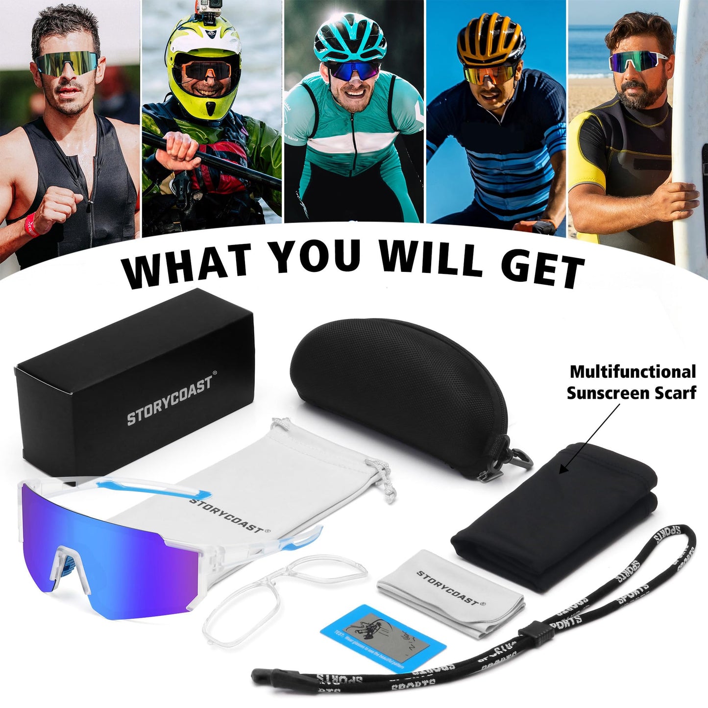 STORYCOAST Polarized Sports Sunglasses for Men Women,Bike Glasses Driving Fishing Cycling Mountain Bike Sunglasses UV400 Protection Clear Frame-Blue Mirror Lens