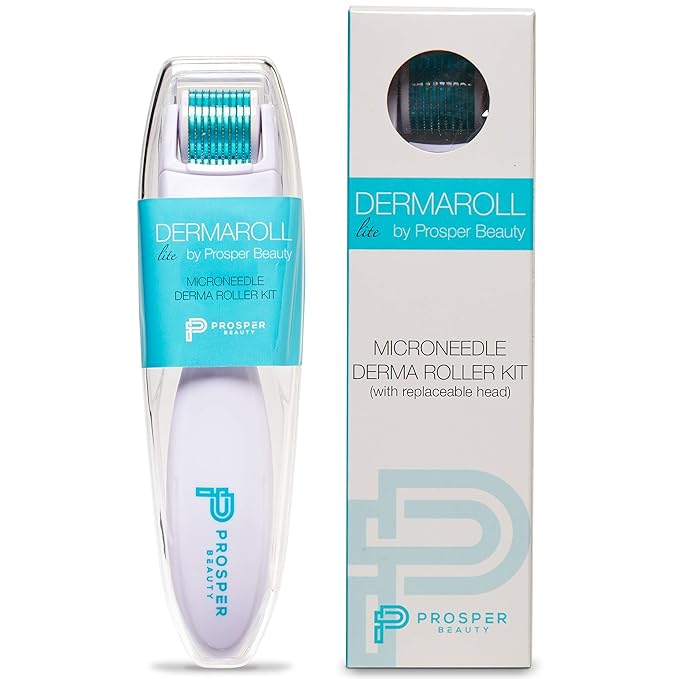 Derma Roller Microneedle Kit [DERMAROLL LITE 0.25mm by Prosper Beauty] Face Roller with Replaceable Head Exfoliation Microdermabrasion Micro Derma Skin Care Tool Dermaplaning Microneedling