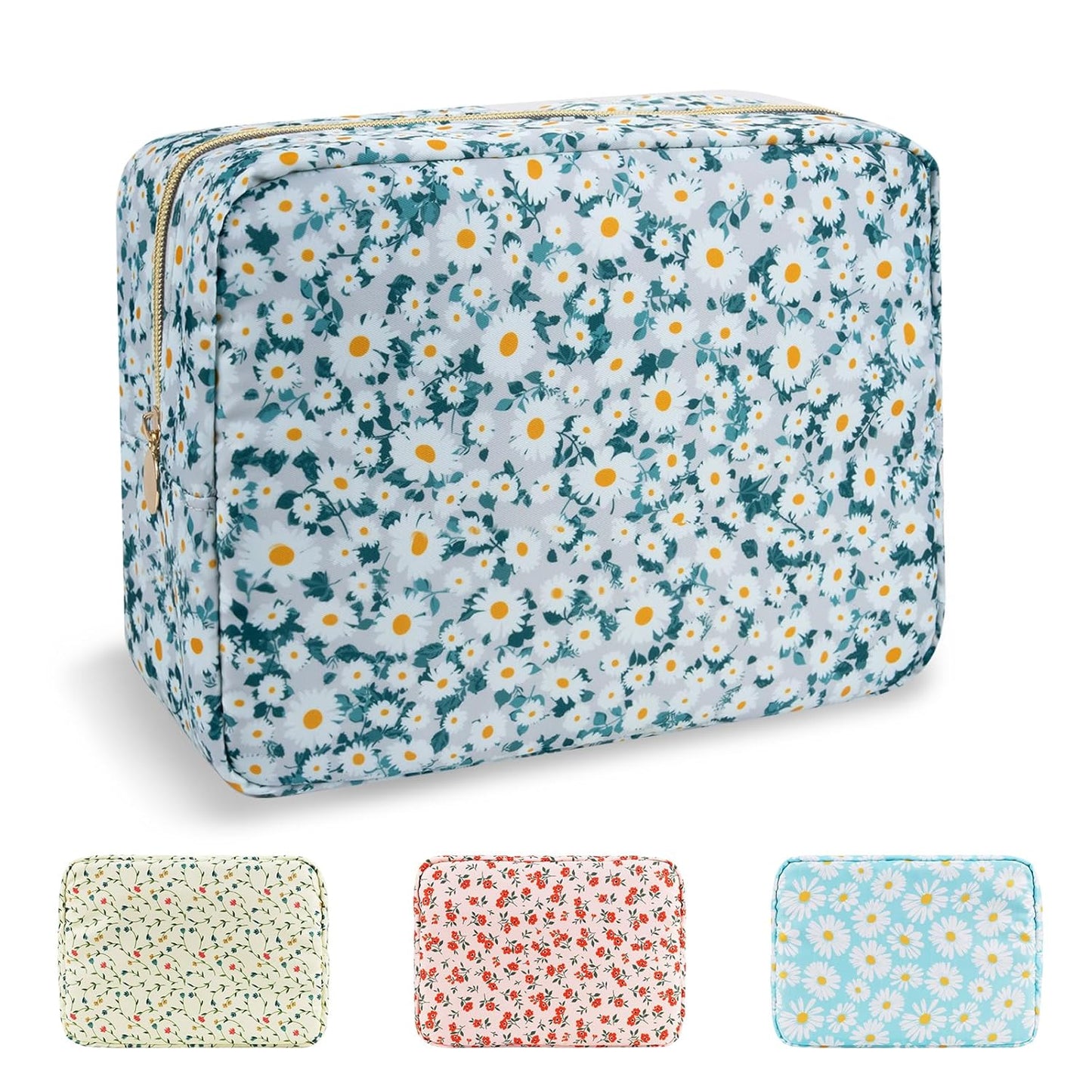 Waterproof Large Floral Makeup Pouch,Nylon Travel Toiletry Storage Purse Preppy Cosmetic Bag for Women Girl,Large Capacity Makeup Organizer Zipper Pouch for Work(L Green-Daisy)