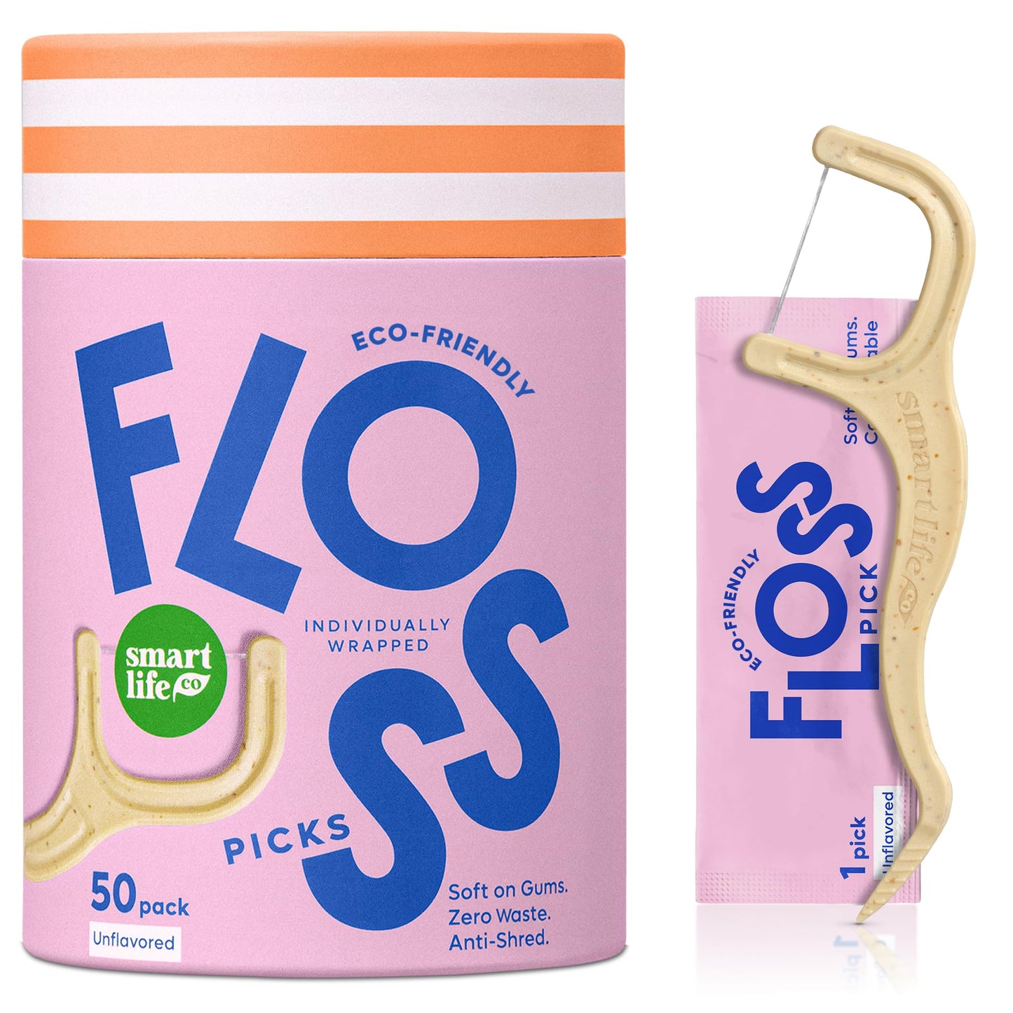 Individually Wrapped Dental Floss Picks - Biodegradable* Straw Wheat Flosser Handle & Packaging | Natural Toothpick Stick Soft On Gums & Teeth | Compostable*, Eco Friendly, Zero Waste | Mint, 50x