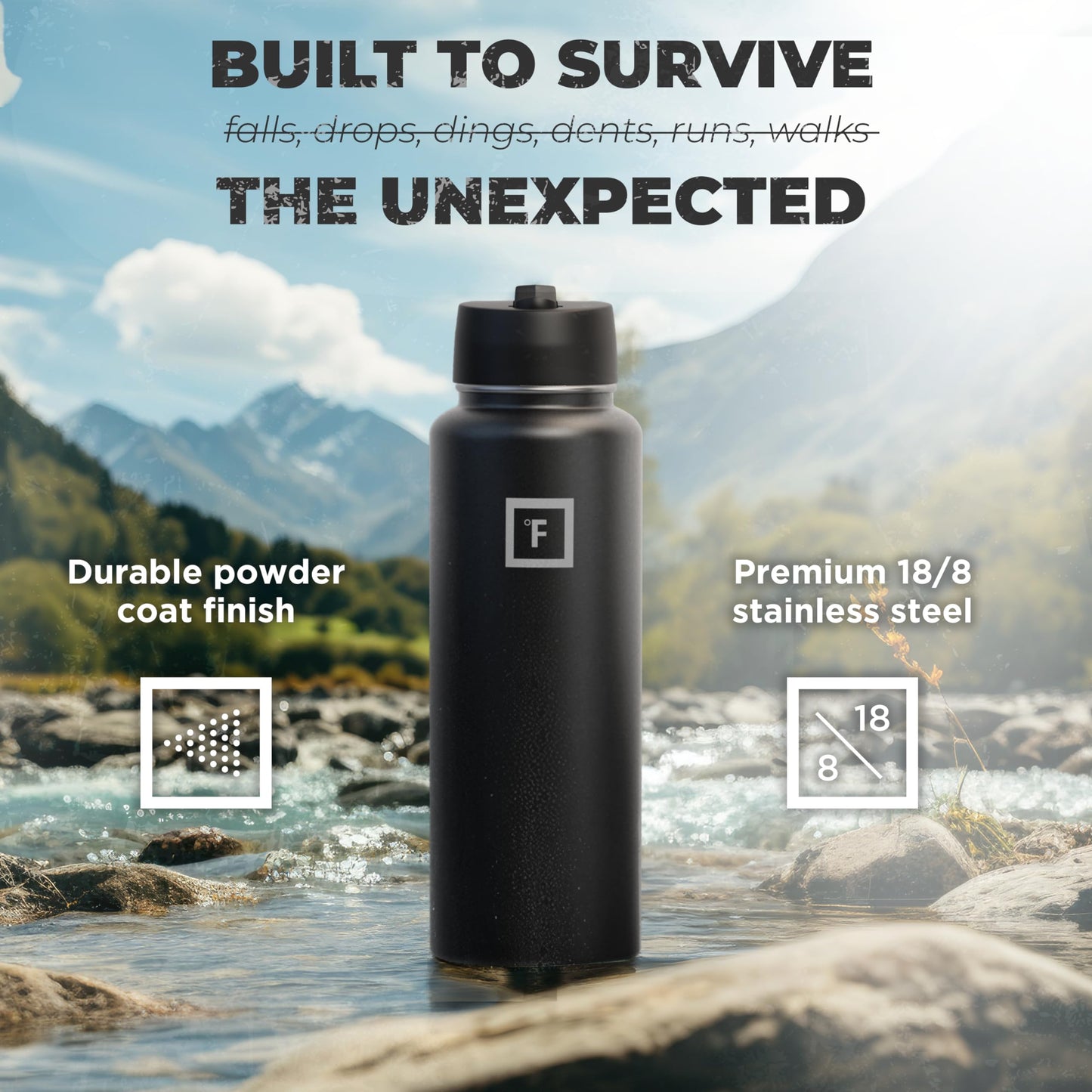 IRON °FLASK Camping & Hiking Hydration Flask, Wide Mouth, 3 Straw Lids, Stainless Steel Outdoor Water Bottle, Double Walled, Insulated Thermos, Metal Canteen - Dark Pine, 18 Oz