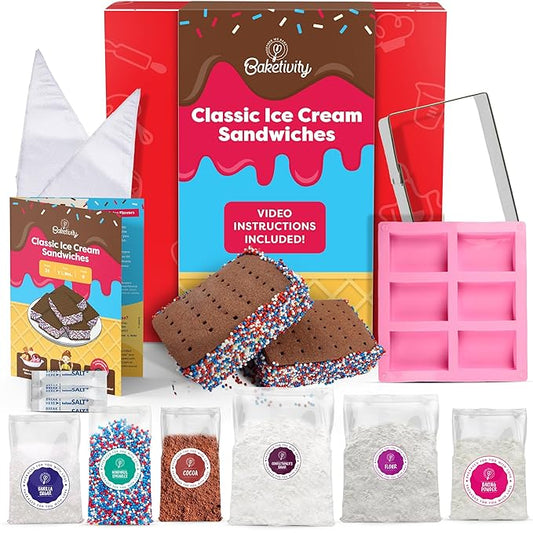 Baketivity Classic Ice Cream Sandwiches Kids Baking Kit - Cooking Kit for Kids with Premeasured Ingredients STEM Recipe Book and Lessons - Great Gift for Girls and Boys Ages 6-12