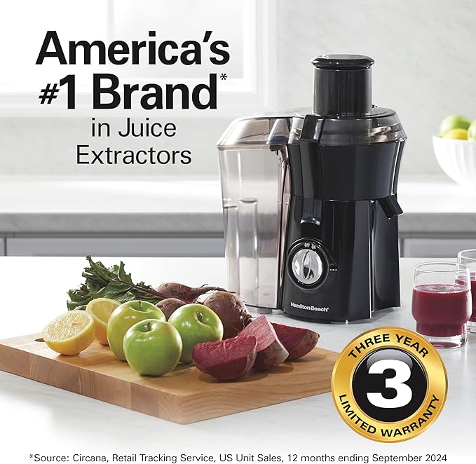 Hamilton Beach Juicer Machine, Big Mouth 3” Feed Chute for Whole Fruits and Vegetables, Easy to Clean, Centrifugal Extractor, Vegetable & Fruit Juicer, BPA Free, 800W Motor, Black