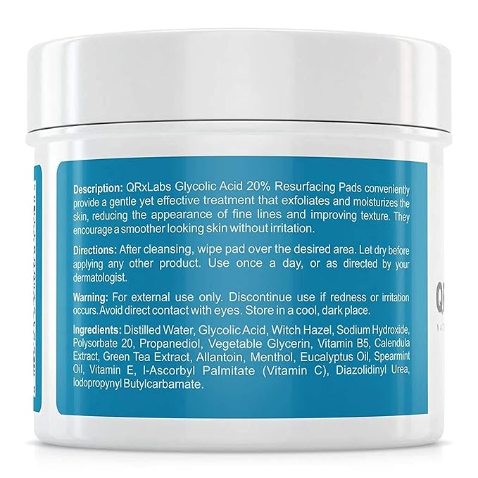 Glycolic Acid 20% Resurfacing Pads for Face & Body with Vitamins B5, C & E, Green Tea, Calendula, Allantoin - Exfoliates Surface Skin and Reduces Appearance of Fine Lines and Wrinkles - 2PK