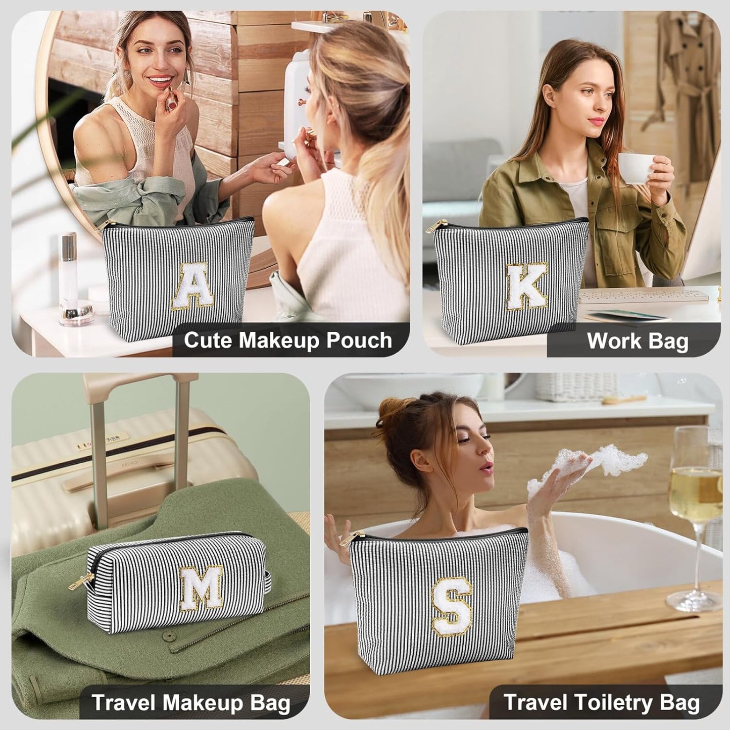 YOOLIFE Initial Monogram Cute Makeup Bags - Cosmetic Toiletry Pouch for Women's Friendship, Personalized Birthday Gifts - Black