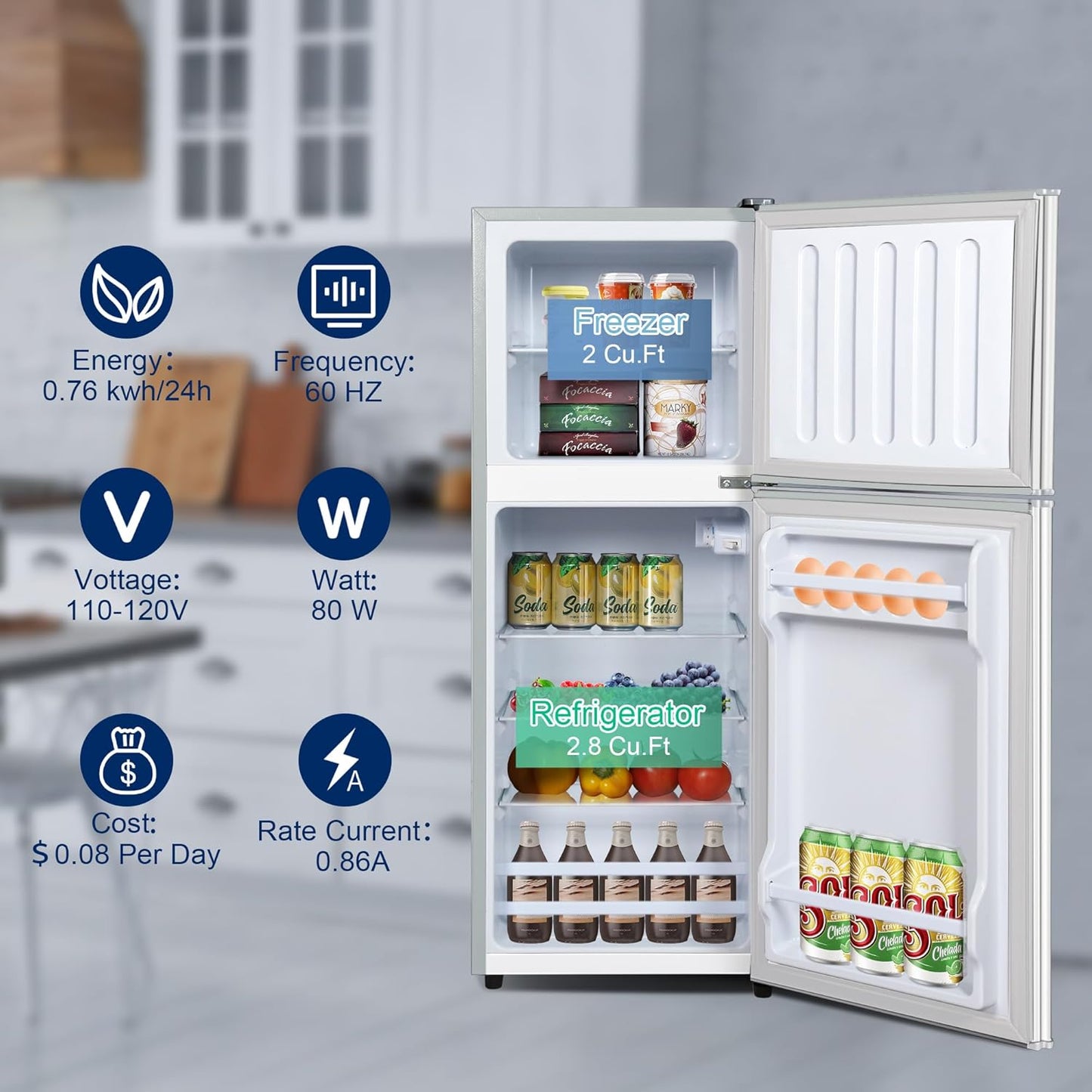 4.8 Cu. Ft. Fridge with Freezer, 2-Door Mini Fridge with Freezer, Adjustable Thermostat Small Refrigerator, Dorm Refrigerator for Apartment, Office, Kitchen, Silver