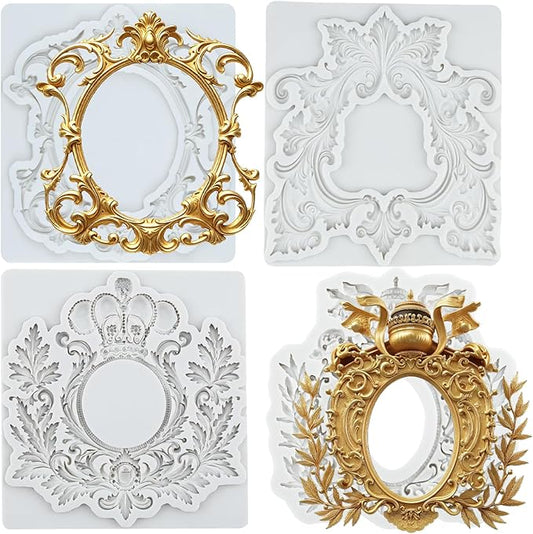 Baroque Frame Fondant Silicone Molds For Cake Decoration Cupcake Topper Candy Polymer Clay Chocolate Gum Paste Set of 4