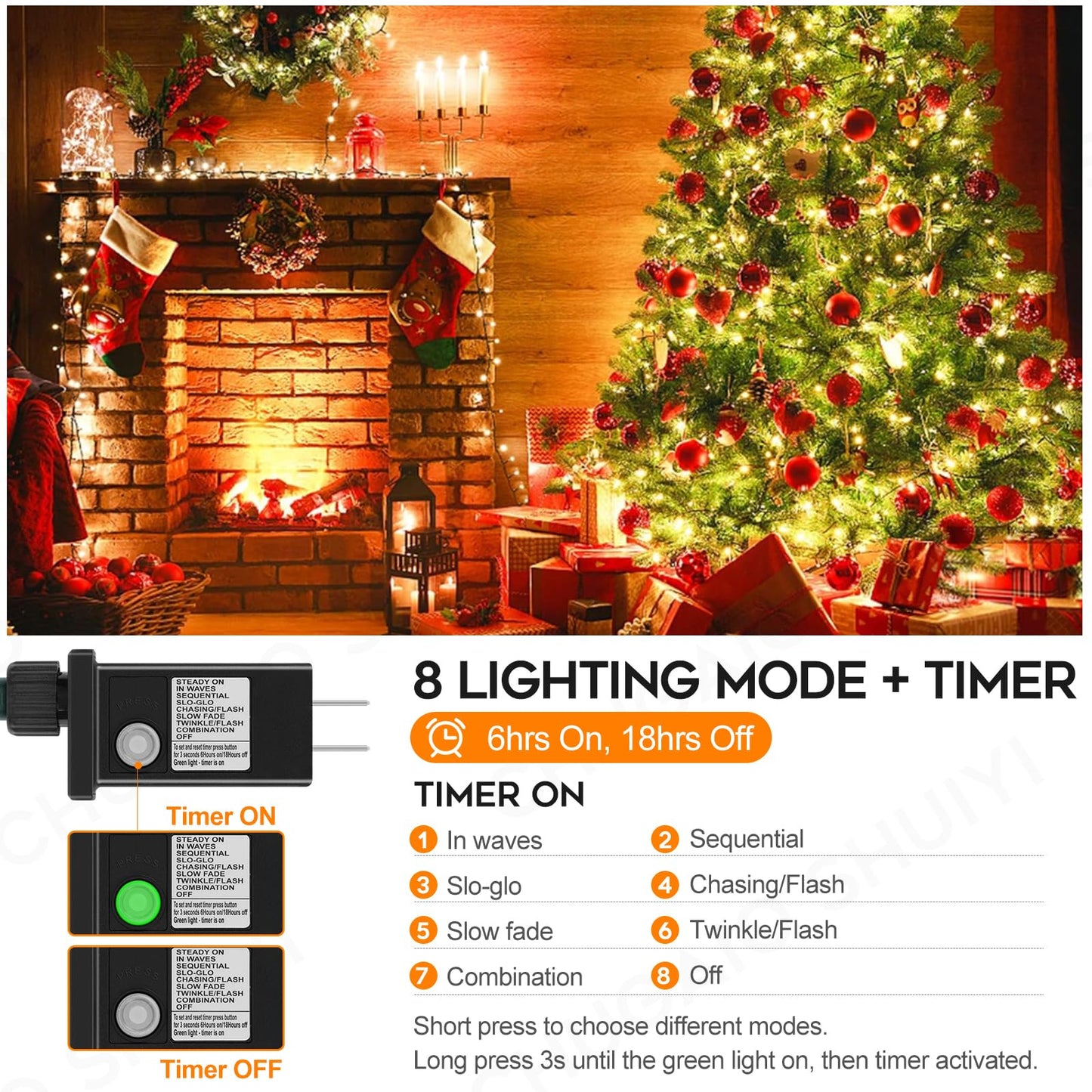 FairyGlim 100 LED Christmas String Lights, 33 FT Connectable Waterproof String Lights Green Wire with Timer Memory Function & 8 Modes, for Indoor Outdoor Xmas Trees Party Garden, WarmWhite
