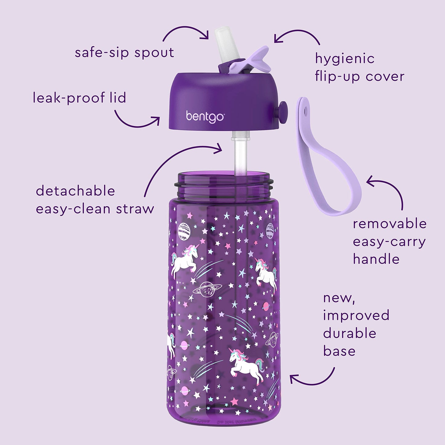 Bentgo Kids Water Bottle 2-Pack - Leak-Proof, Durable Tritan™, BPA-Free 15 oz Cup for Kids/Toddlers 3+; Flip-Up Straw; Dishwasher Safe for School/Sports/Daycare/Camp (Unicorn/Lavender Galaxy)