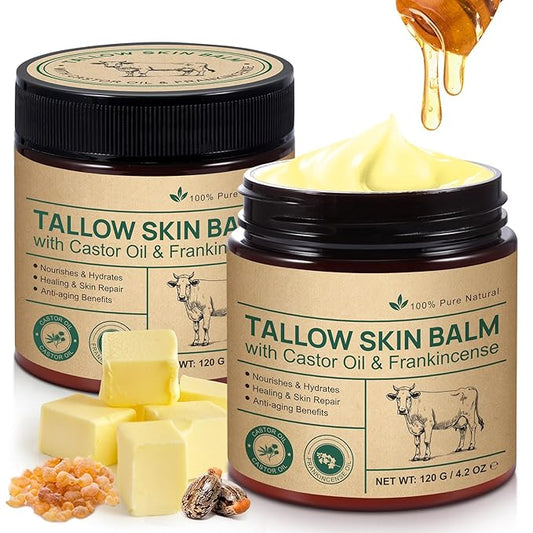 Beef Tallow Skin Care with Castor Oi & Frankincenses, Grass Fed Whipped Tallow Honey Balm for Face & Body, Natural Moisturizer Hydrates, Deeply Nourishes, Enhances Natural Radiance