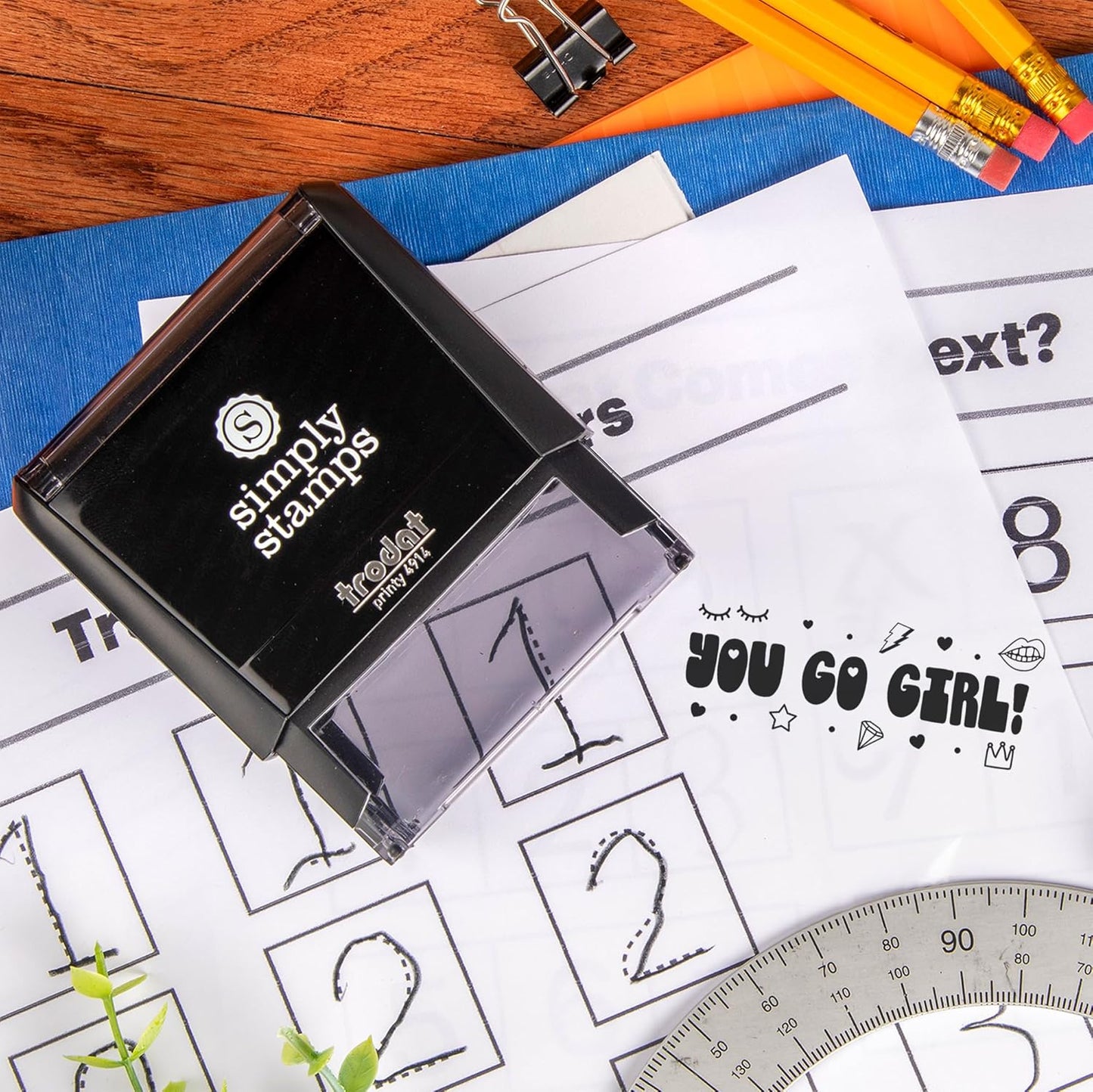 Custom Self-Inking Stamps | 49 Designs | Fun Phrases | Grading Made Easy | Classroom, Library Book Stamps ('You Go Girl!', Large)