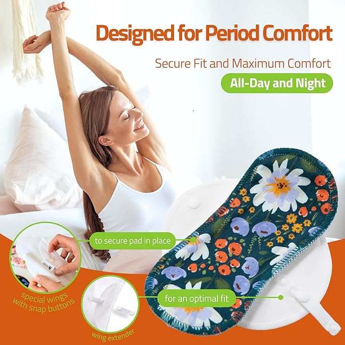 Organic Cotton EcoComfort Reusable Period Pads for Heavy Flow & Incontinence (L+XL, 6-Pack); High-Temp Washable Cloth Pads for Women; Non-Irritating, Soft Reusable Pads Menstrual for Comfortable Care