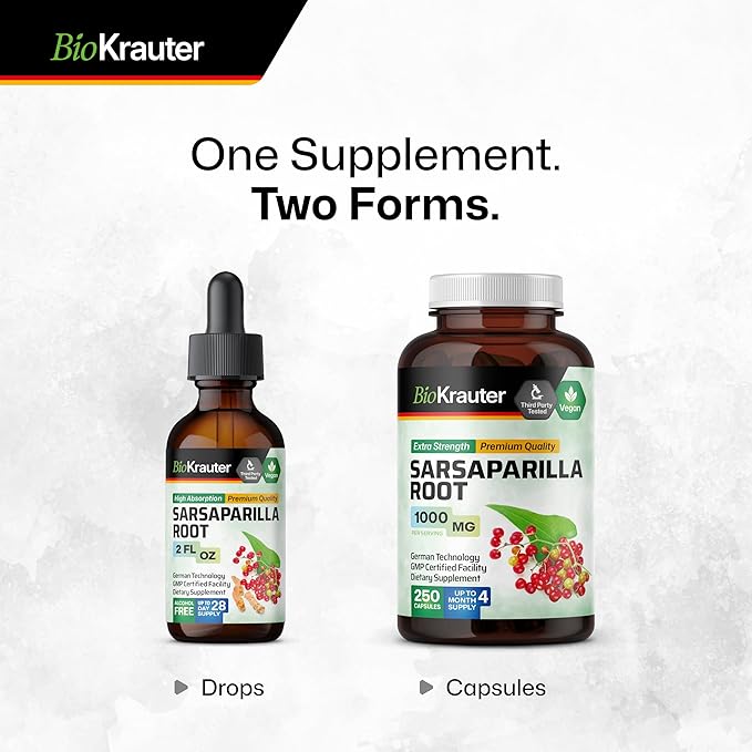 BIO KRAUTER Sarsaparilla Root Tincture - Herbal Liquid Extract Supplement for Liver Support - Alcohol & Sugar Free Vegan Drops 2 Fl.Oz.