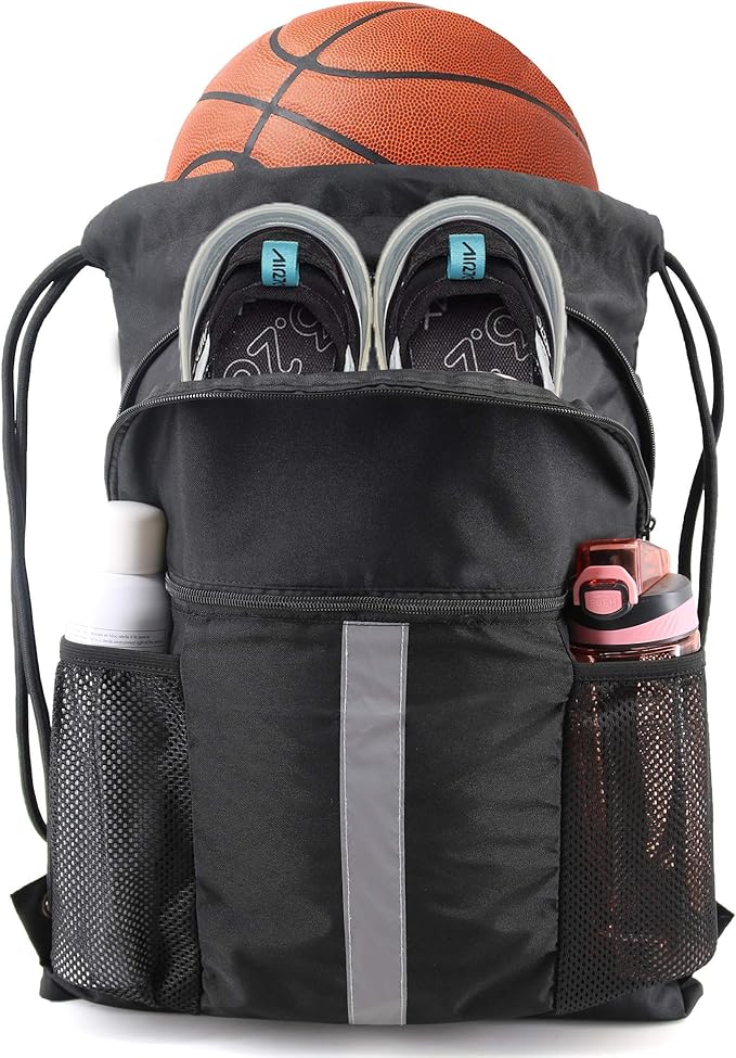 BeeGreen Drawstring Backpack Bag with Shoe Compartment, X-Large Black Gym Sports String Cinch Backpack