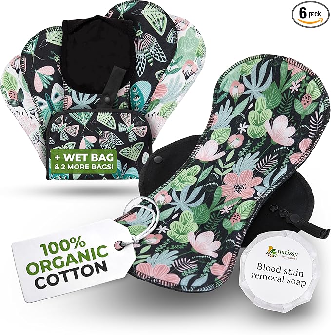 Organic Cotton EcoComfort Reusable Period Pads for Heavy Flow & Incontinence (L+XL, 6-Pack); High-Temp Washable Cloth Pads for Women; Non-Irritating, Soft Reusable Pads Menstrual for Comfortable Care
