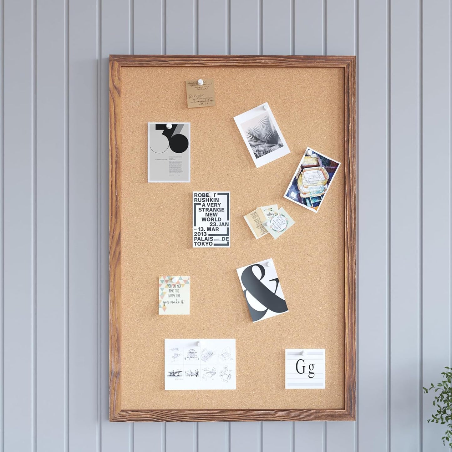 HBCY Creations Wall Mount Torched Wood Cork Board - 24" W x 36" H - 6 Wooden Push Pins - Solid Pine Wood Frame - for Kitchen, Classrooms, Restaurant Menus and More!