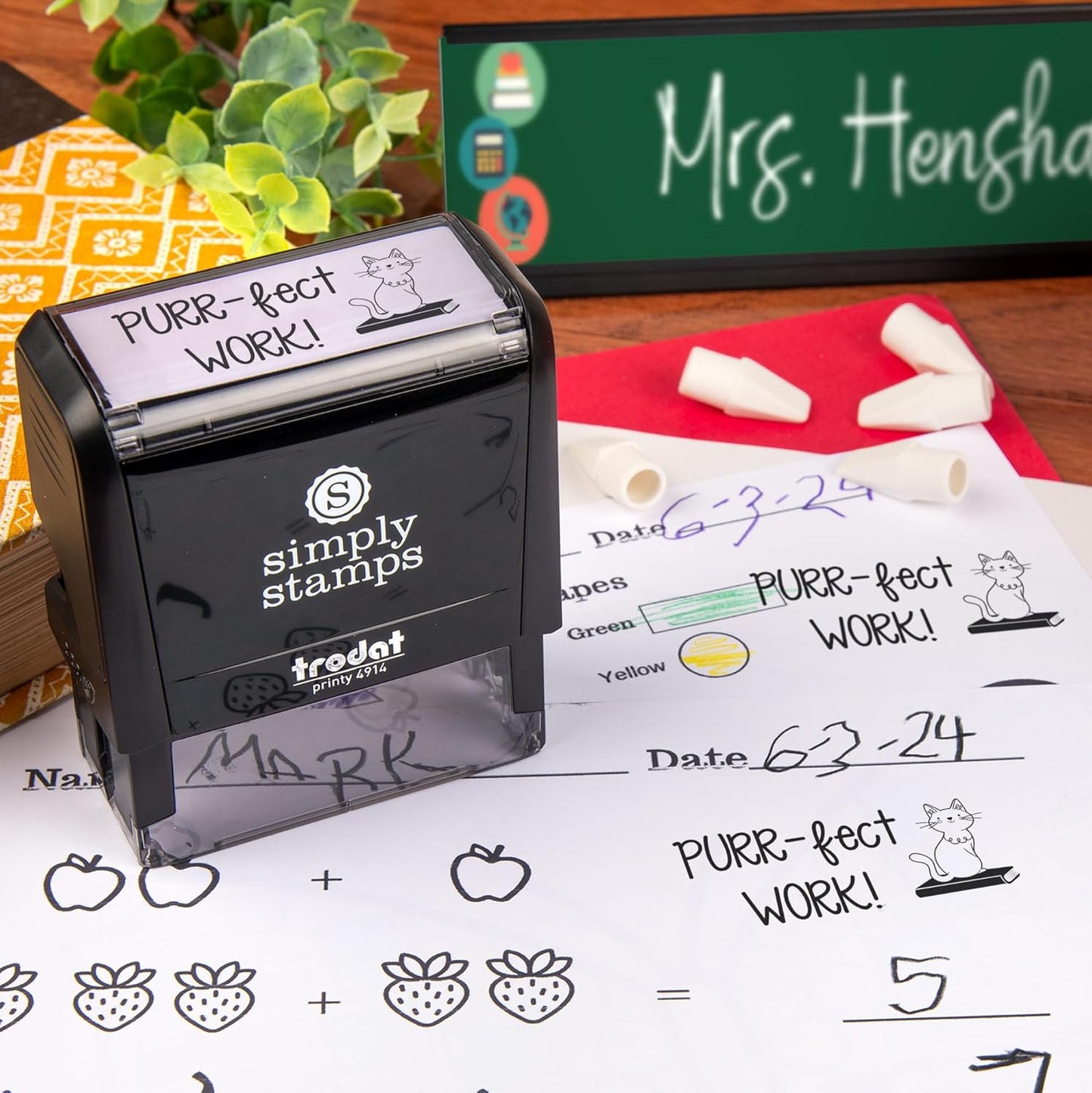 Custom Purr-FECT Work! Stamps | 49 Designs | Fun Phrases | Grading Made Easy | Self-Inking Classroom, Library & Book Stamps (Xtra Large)