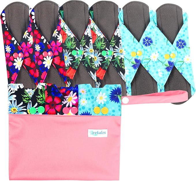 Leekalos Reusable Menstrual Pads - Bamboo Menstrual Cloth Pads | Light Incontinence Pads | Reusable Sanitary Pads - Pack of 6, 1 Cloth Mini Wet Bag