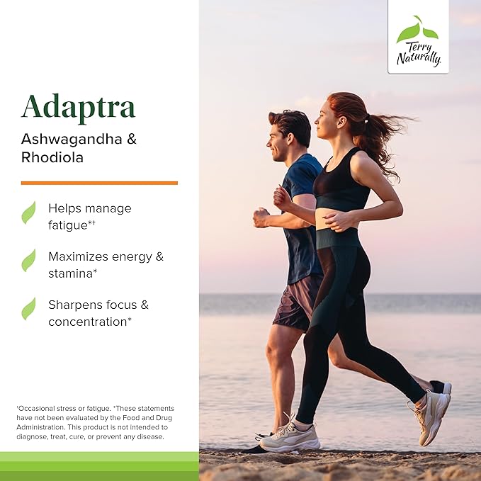 Terry Naturally Adaptra - Supplement to Support Adrenal Health - Ashwagandha Supplement with Rhodiola Rosea Extract - Herbal Supplement to Support Energy & Concentration - 60 Capsules (Pack of 2)