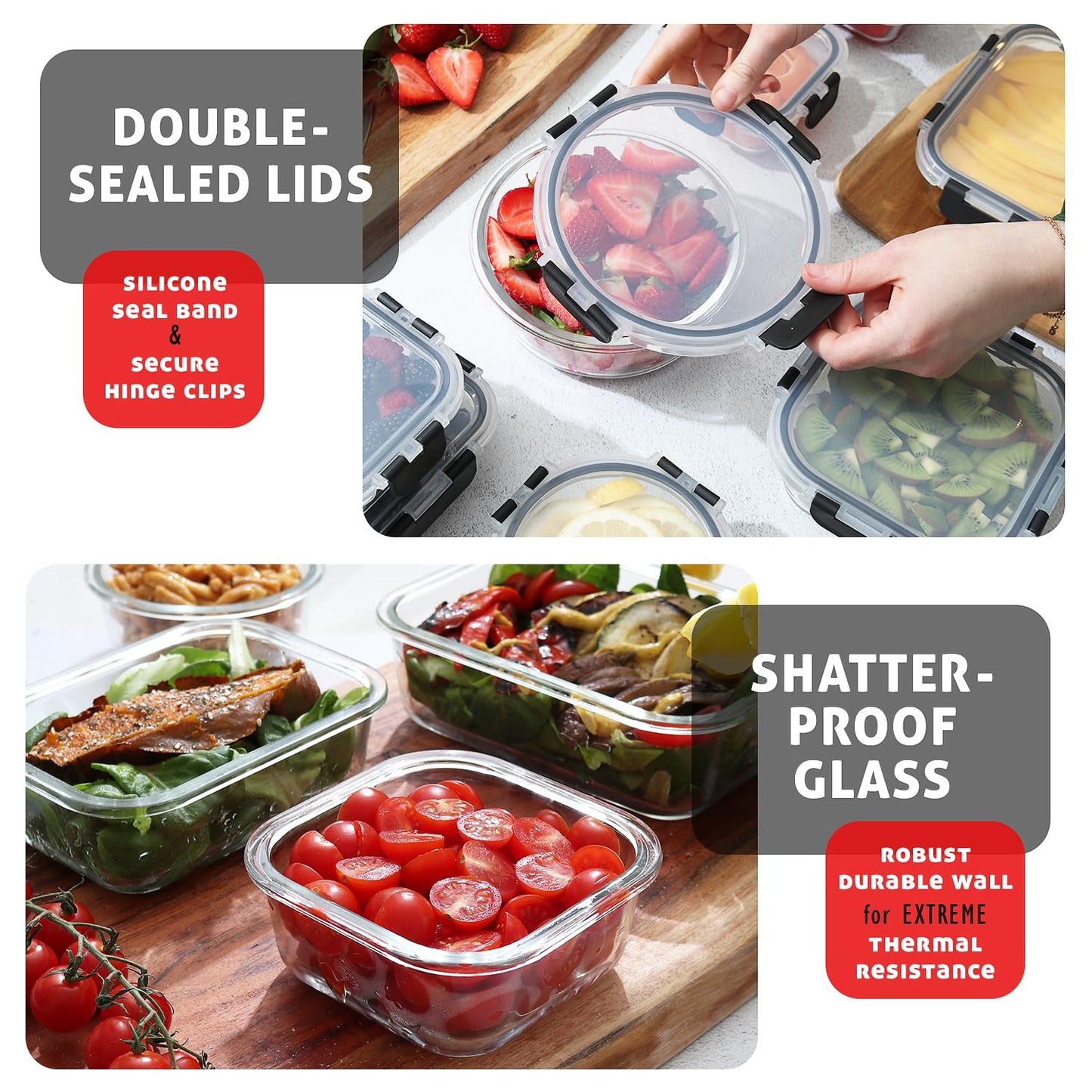EATEX 24pc Glass Storage Containers with Lids, 12 Set Glass Food Storage Containers with 12 Airtight Lids, Pantry Kitchen Meal Prep Containers for Lunch, Freezer Storage Containers, Oven Safe
