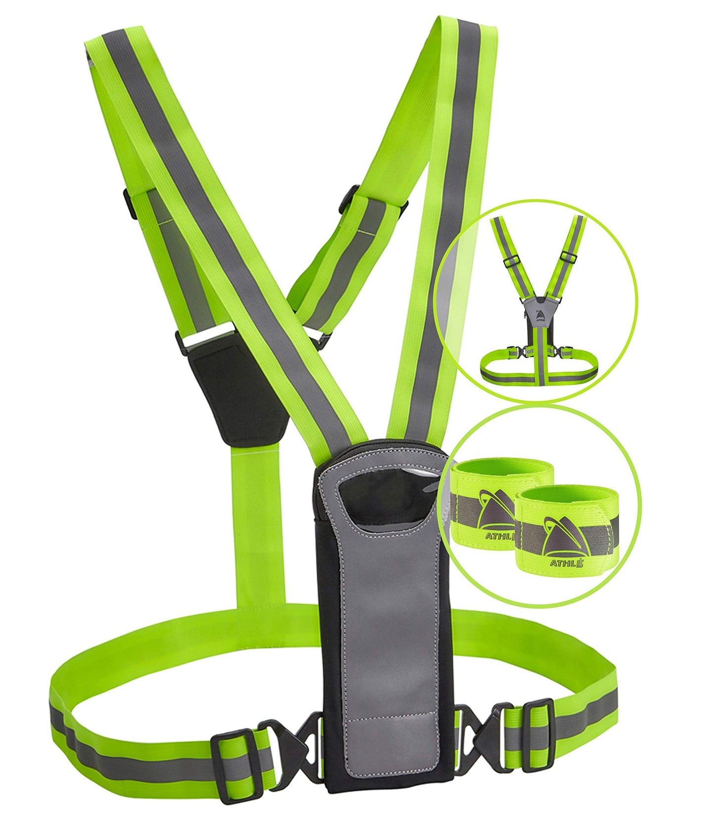 Athlé Reflective Vest and Bands with Phone and Storage Pouch, Adjustable Stretch Waist Belt - Neon Yellow Straps - High Visibility Safety Gear for Running, Jogging, Biking, and Hiking