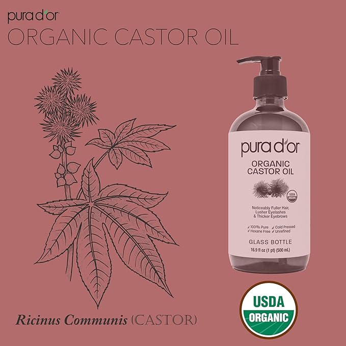PURA D'OR 16.9 Oz ORGANIC Castor Oil (GLASS BOTTLE) 100% Pure USDA Certified Cold Pressed, Hexane Free Eyelash & Eyebrow Serum - For Fuller, Thicker Lashes & Brows - Skin & Hair Moisturizer