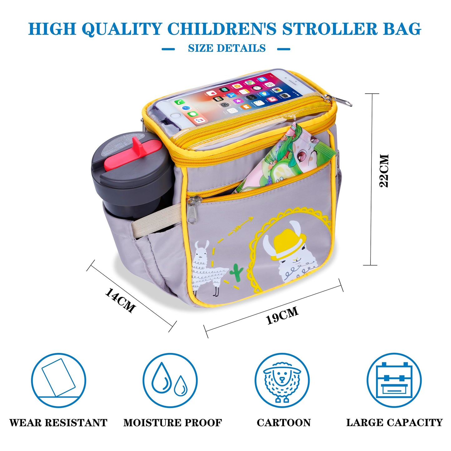 SZDUDU Baby Stroller Organizer Bag，Small Diaper Bag - Universal Stroller Organizer With Insulated Cup Holder,Pocket With Baby Wipes Dispenser，Adjustable Shoulder Strap(Grey)