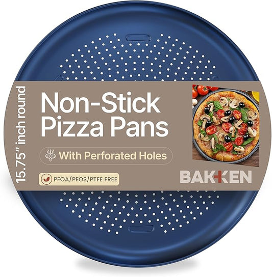 Bakken 16 Inch Non-Stick Pizza Pan 1 Pack, Round Carbon Steel Pizza Tray with Perforated Holes, PFOA, PFOS, & PTFE-Free, Dishwasher & Oven Safe Up To 450°F, Durable Nonstick Coating, Blue