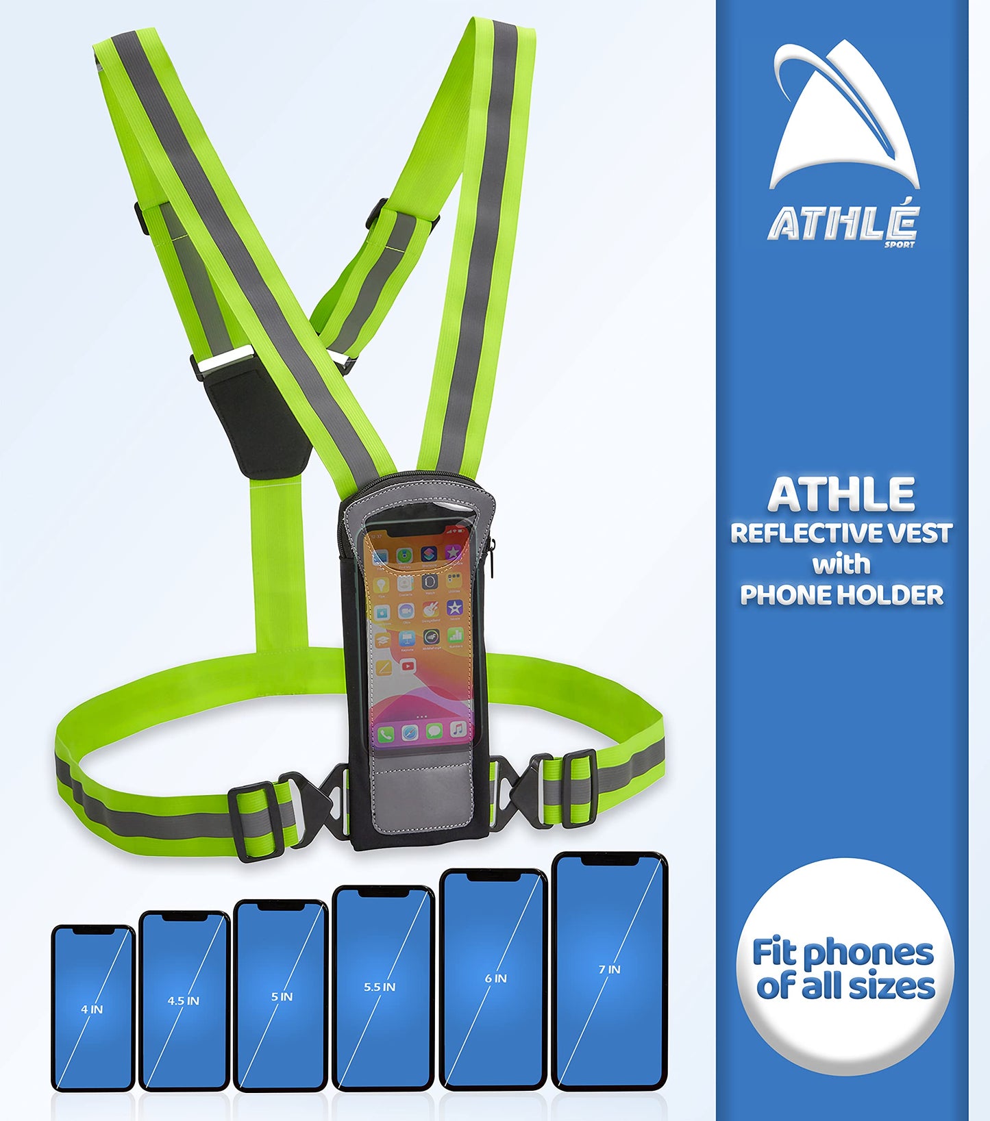 Athlé Reflective Vest and Bands with Phone and Storage Pouch, Adjustable Stretch Waist Belt - Neon Yellow Straps - High Visibility Safety Gear for Running, Jogging, Biking, and Hiking