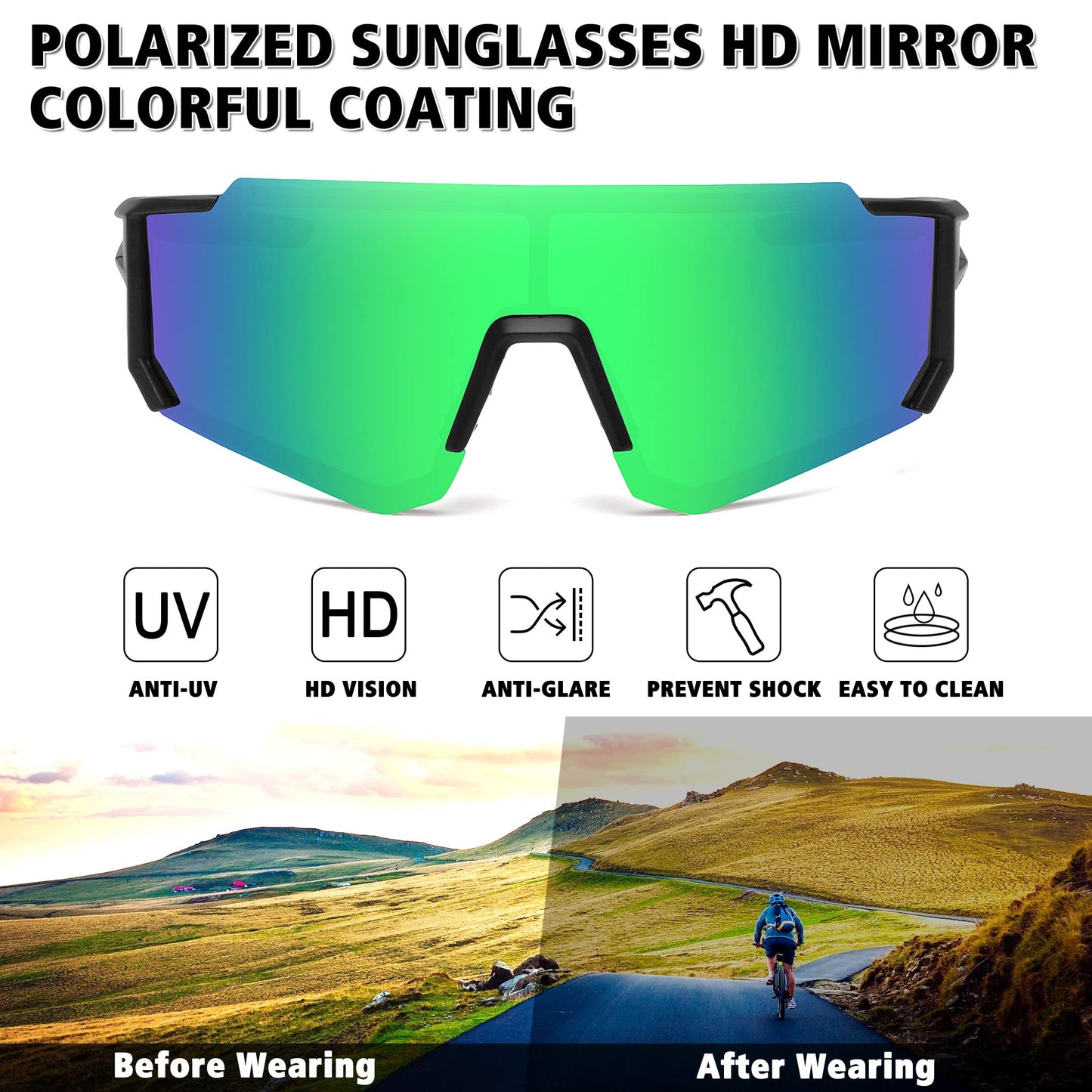 STORYCOAST Polarized Sports Sunglasses for Men Women,Bike Glasses Cycling Mountain Bike Sunglasses UV401 Protection Black-Green