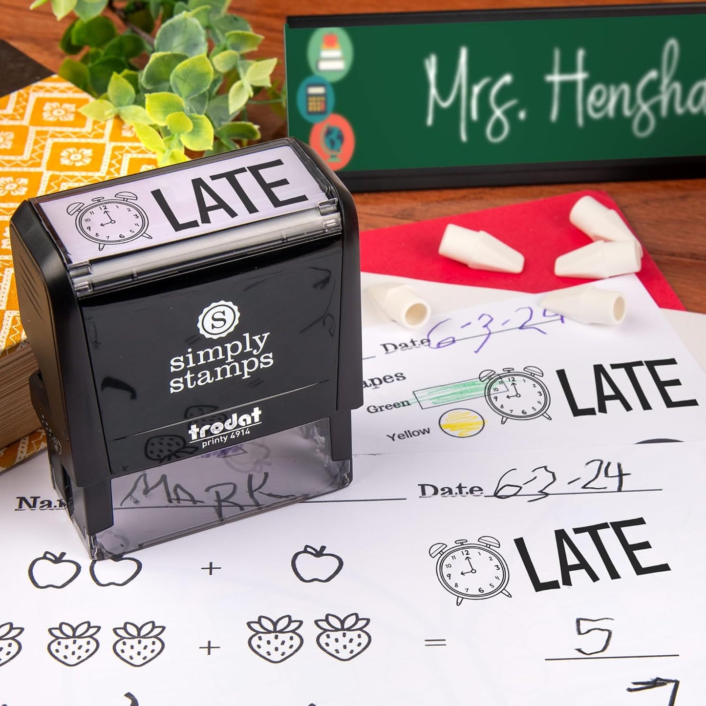 Custom Self-Inking Stamps | 49 Fun Phrases | Grading Made Easy | Classroom & Library Book Stamps (Late, Xtra Large)
