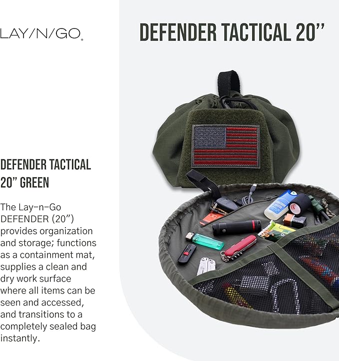 Lay-n-Go Defender Tactical Bag for Gear - Multifunctional Lay-Flat Military Tactical Travel Sack w/Zippered & Mesh Pockets - Water-Resistant, Machine-Washable Utility Tool Bag (20", Green)