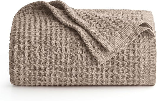 Bedsure 100% Cotton Blanket Twin XL Size for Bed - Breathable and Soft, Waffle Weave Blanket for Summer Spring, Tan, 66x90 inches