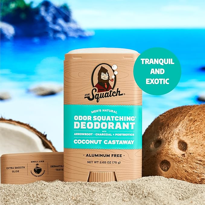 Dr. Squatch Natural Deodorant for Men - Odor-Squatching Aluminum Free - Coconut Castaway (2.65 oz, 3-Pack)