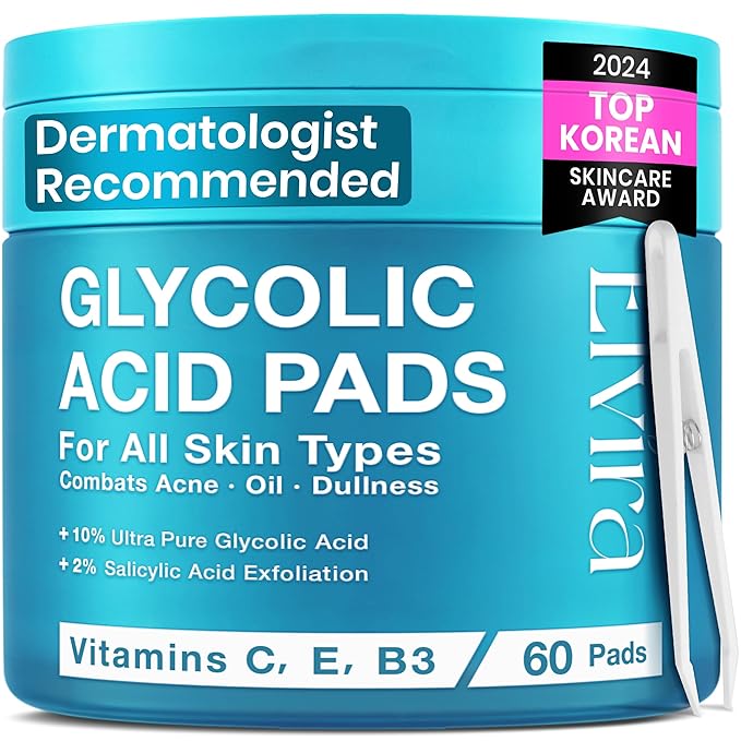 Elvira Glycolic Acid Exfoliating Facial Pads With 10% Glycolic Acid, 2% Salicylic Acid & Niacinamide - 60 Toner Pads, Daily Peel Treatment for Acne Prone Sensitive Skin