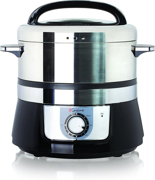 Euro Cuisine FS3200 Electric Food Steamer, Versatile Vegetable Steamer & Steam Cooker for Healthy Cooking, Ideal for Fish, Veggie, Meat, Easy Cleaning, Stainless Steel Design 1200 Watts